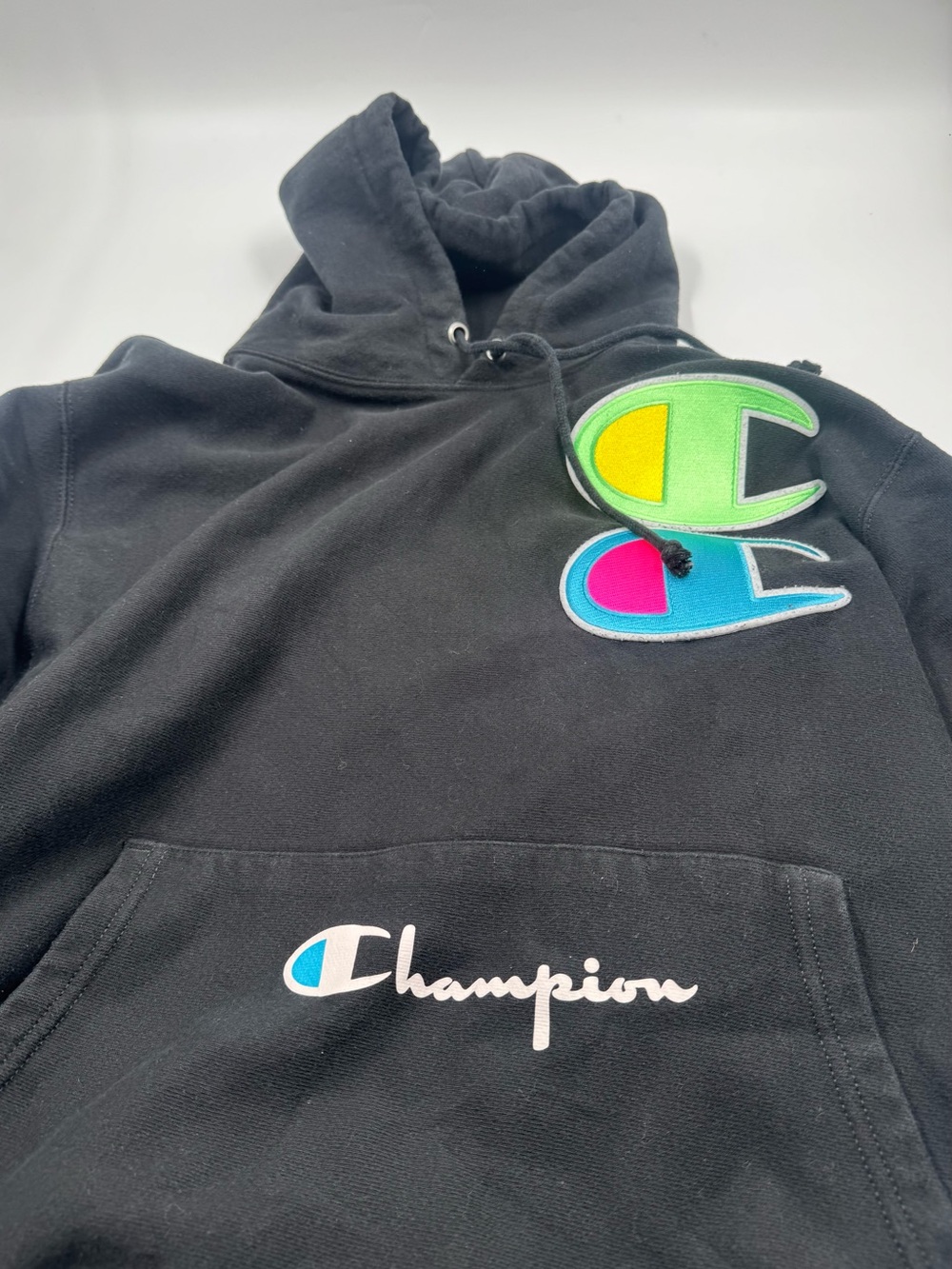 Champion Black Hoodie with Neon Green, Yellow, Blue and Pink Logos